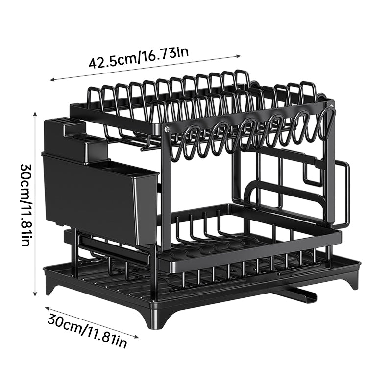 Black two-tier dish drying rack measuring 42.5 centimeters wide, 30 centimeters deep, and 30 centimeters high