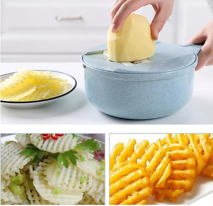 Blue mandoline slicer cutting a potato into waffle-style slices with finished potato slices shown below