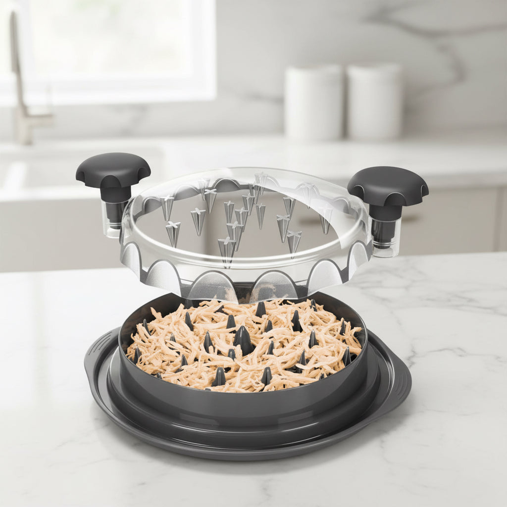 Black manual chicken shredder with handles and clear lid filled with shredded chicken