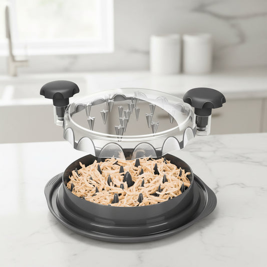 Black manual chicken shredder with handles and clear lid filled with shredded chicken