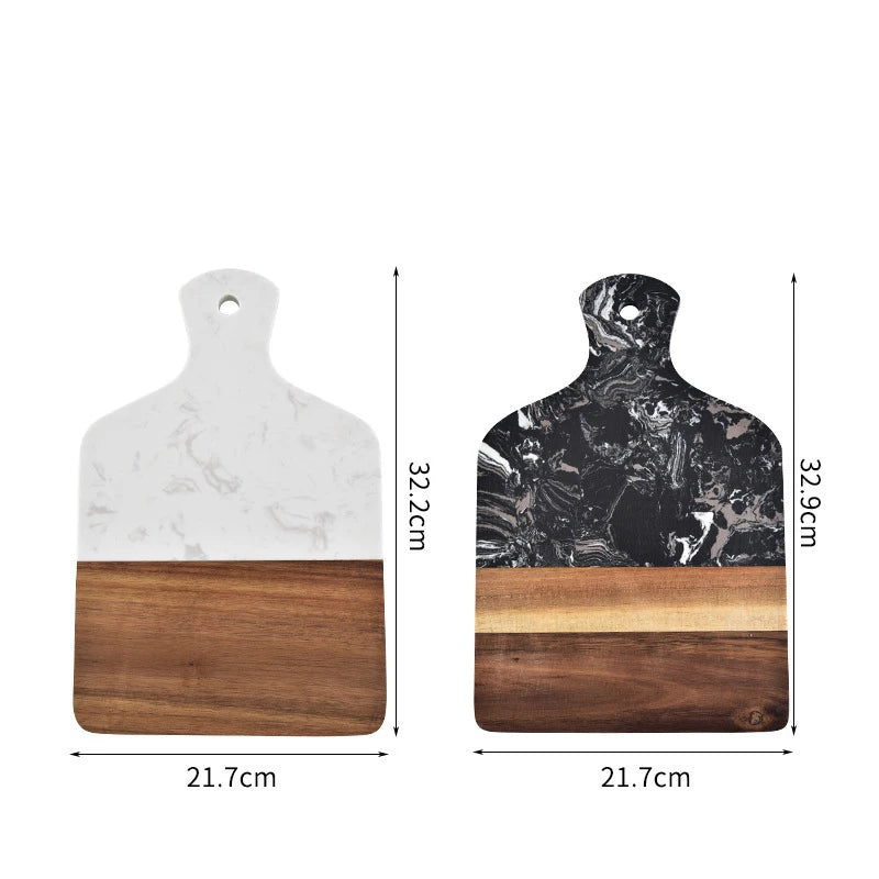 Size dimensions for white and black marble and acacia wood cutting boards