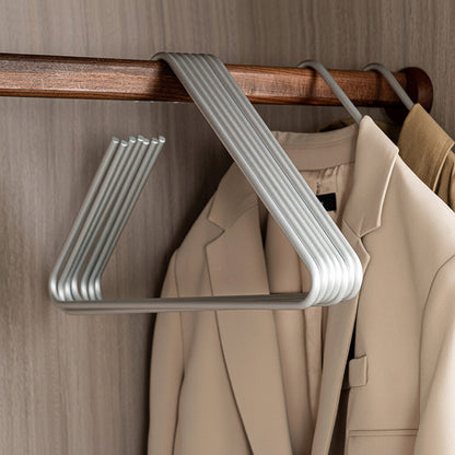 Matte silver aluminum space-saving pants rack displayed in a closet