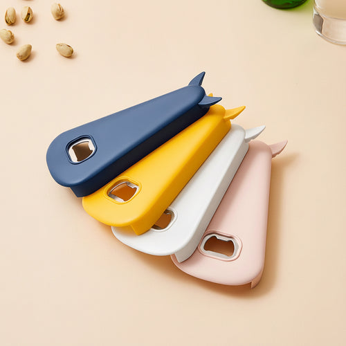 Multi-function jar, can, and bottle openers displayed in blue, yellow, pink, and white