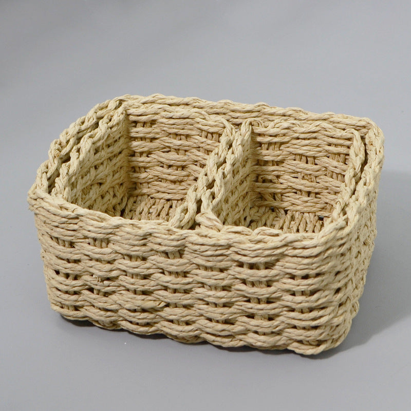 Natural tan rectangular woven storage basket with two divided compartments