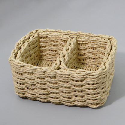 Natural tan rectangular woven storage basket with two divided compartments