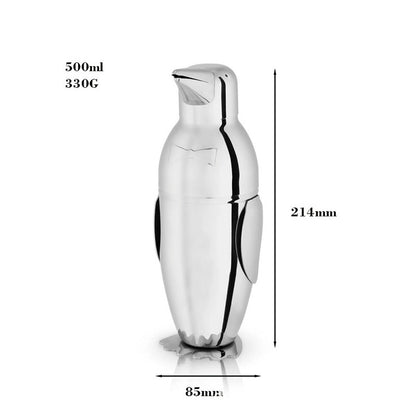 Stainless steel penguin cocktail shaker with product measurements