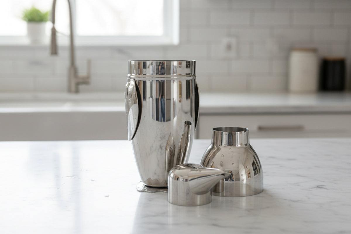 Stainless steel penguin cocktail shaker shown assembled and opened