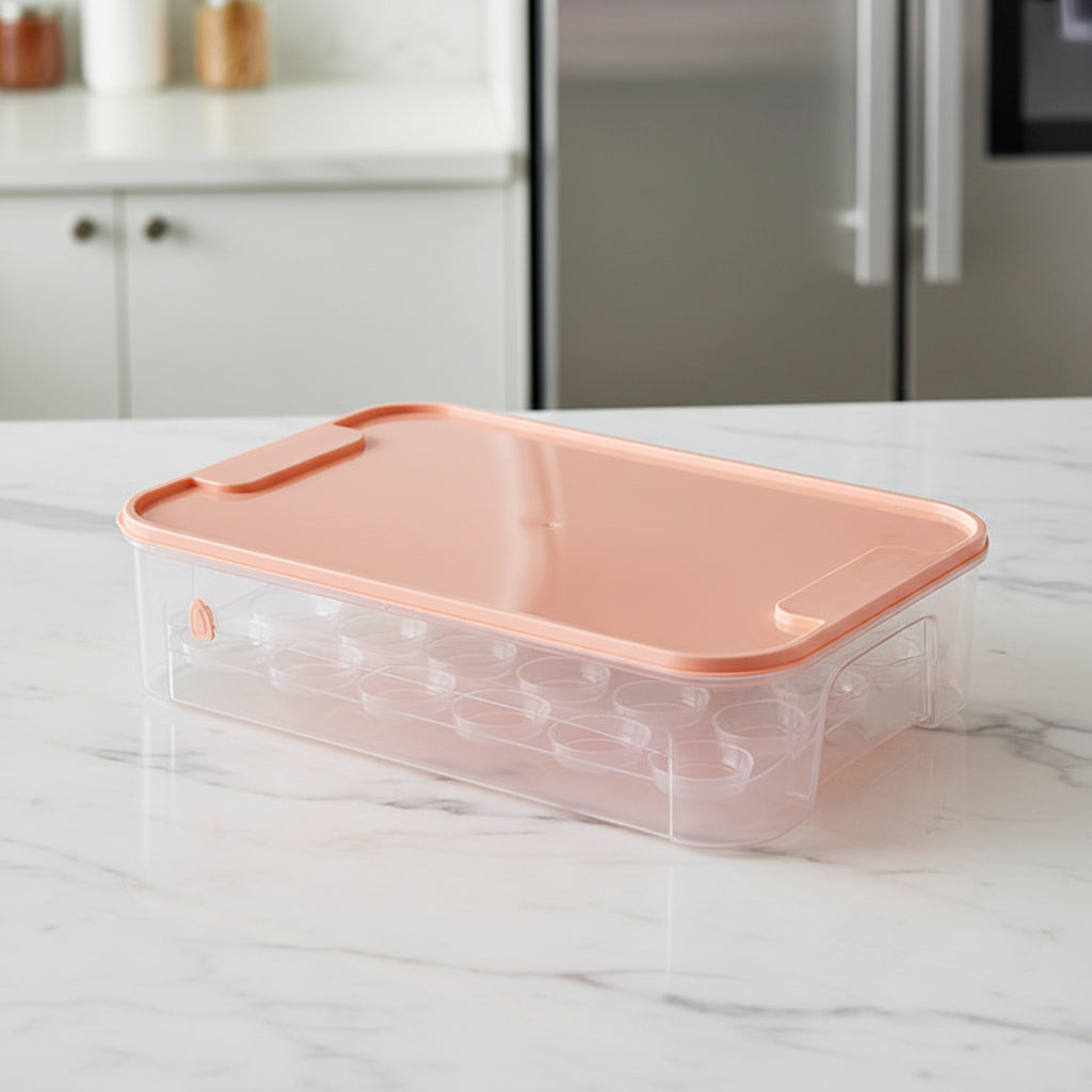 Clear egg storage box with a pink lid and individual egg compartments on a kitchen counter.