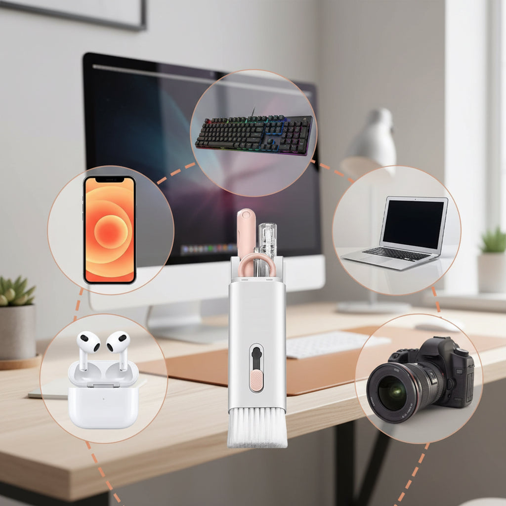 Portable multifunction electronics cleaning kit for keyboards, phones, earbuds, laptops, and cameras