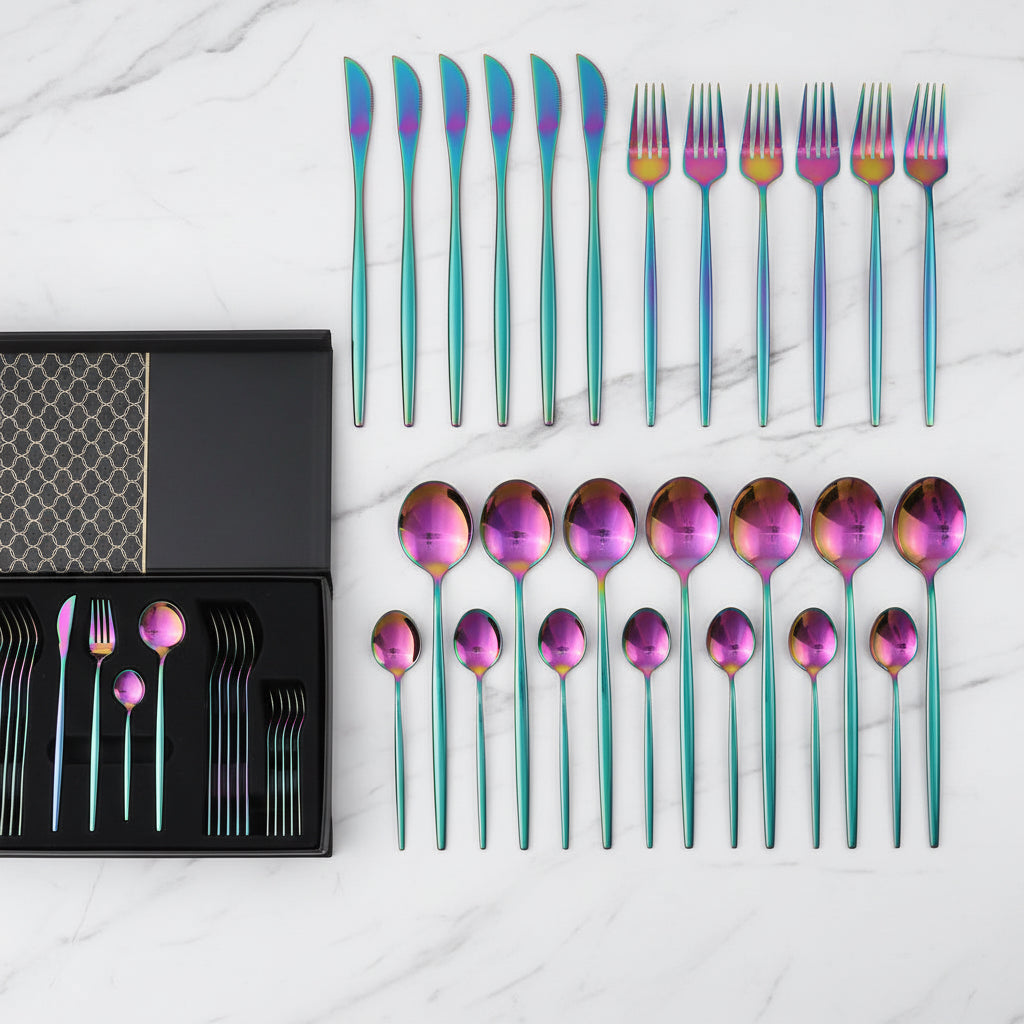 24-piece rainbow stainless steel flatware set with matching gift box