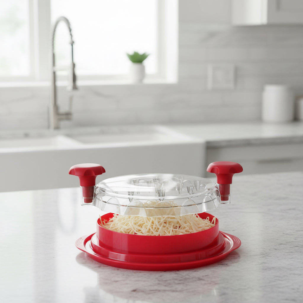 Red manual chicken shredder tool holding cooked chicken on a kitchen counter