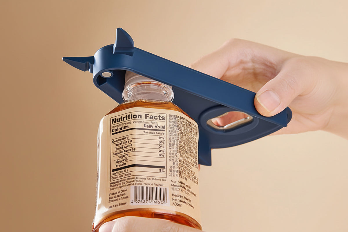 Blue multi-function opener twisting the cap on a sport drink bottle