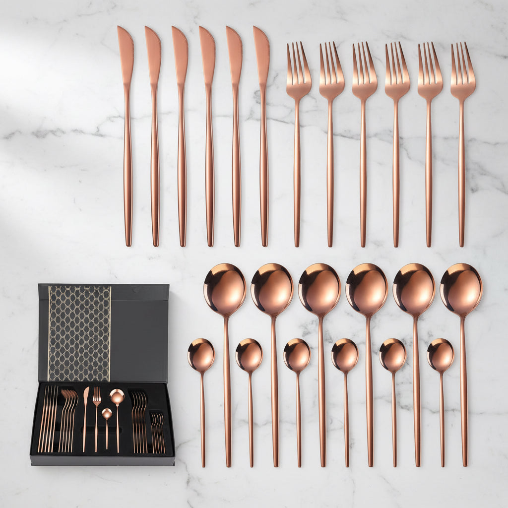 24-piece rose-gold stainless steel flatware set with matching gift box