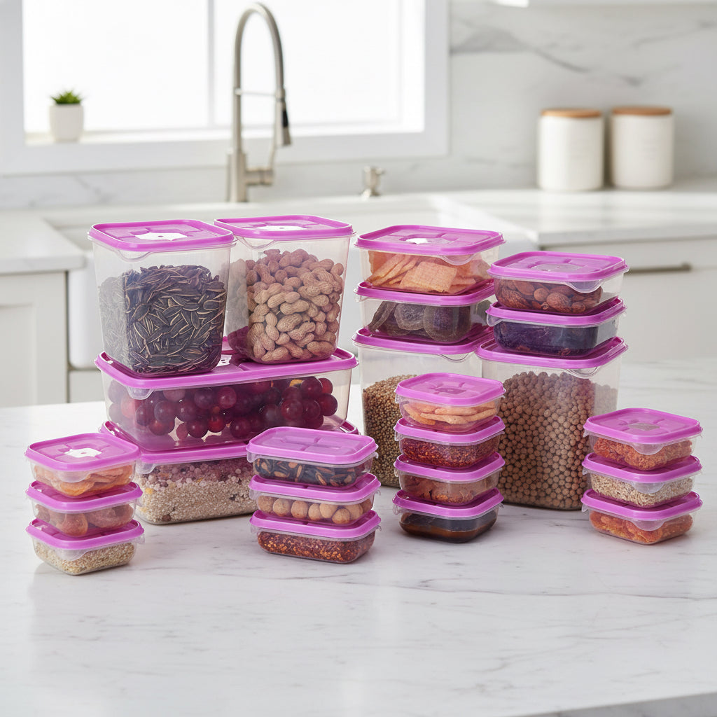 Rose-red 17-piece food storage container set in assorted sizes holding grains, nuts, fruit, and snacks.
