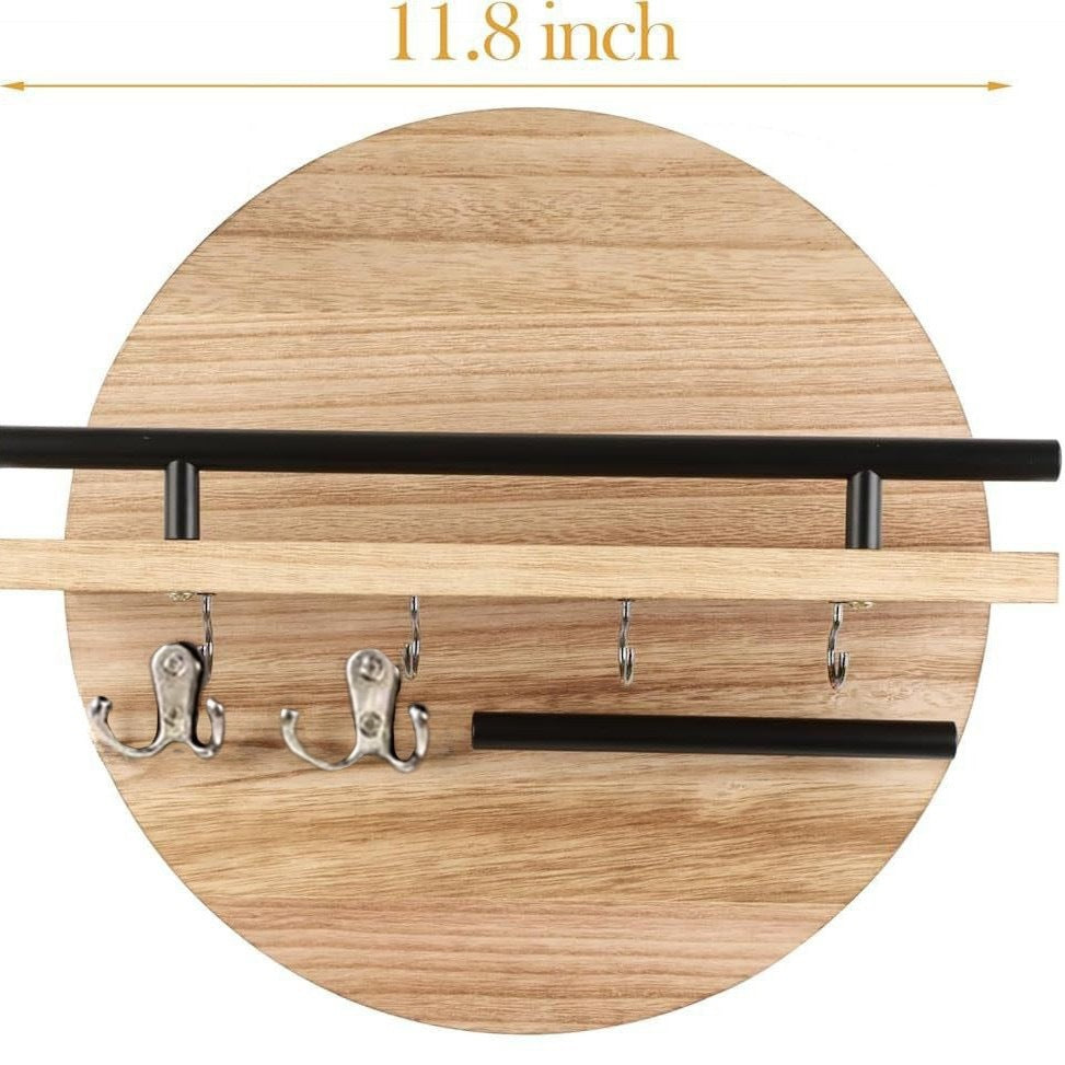 Light brown round wooden wall shelf with metal rails and hooks measuring 11.8 inches wide