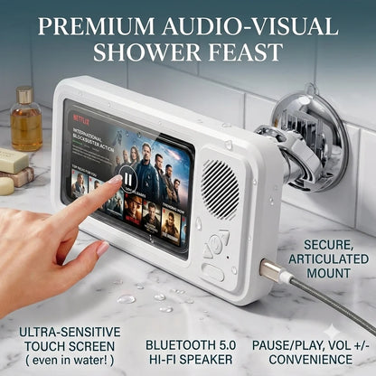 Waterproof shower phone holder with touch-sensitive screen, Bluetooth speaker, volume controls, and adjustable mounting bracket