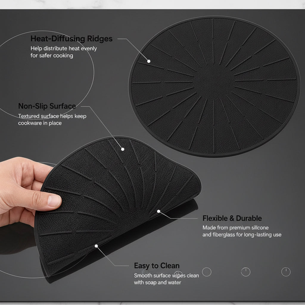 Black silicone induction cooktop mat under a cooking pan while protecting the glass cooktop surface