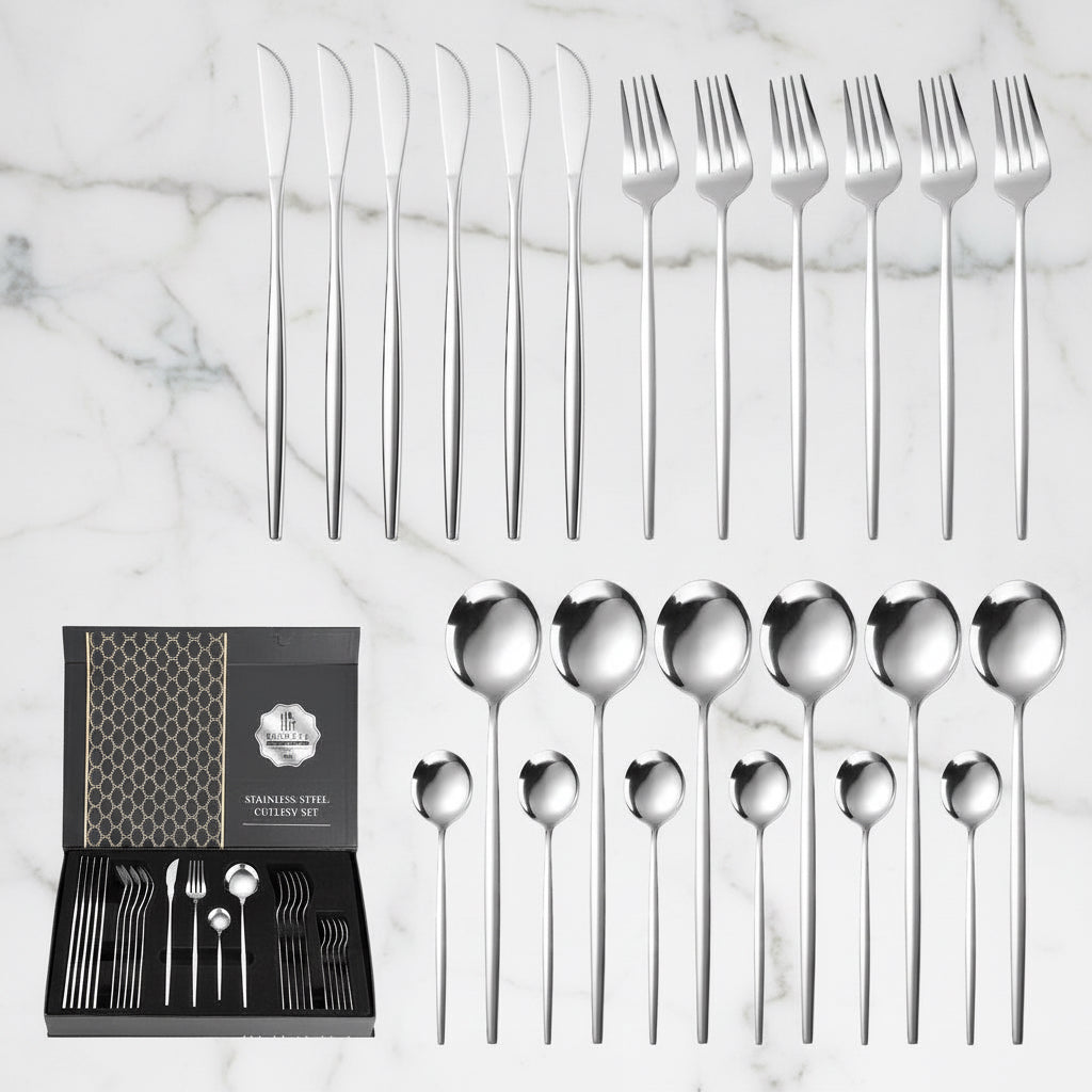 24-piece silver stainless steel flatware set with matching gift box