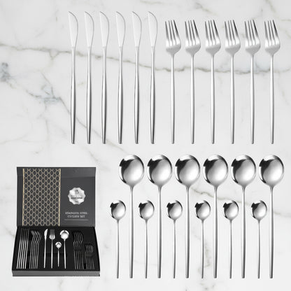 24-piece silver stainless steel flatware set with matching gift box