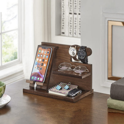Solid wood phone and accessory organizer with charging smartphone, watches, glasses, keys, and everyday items