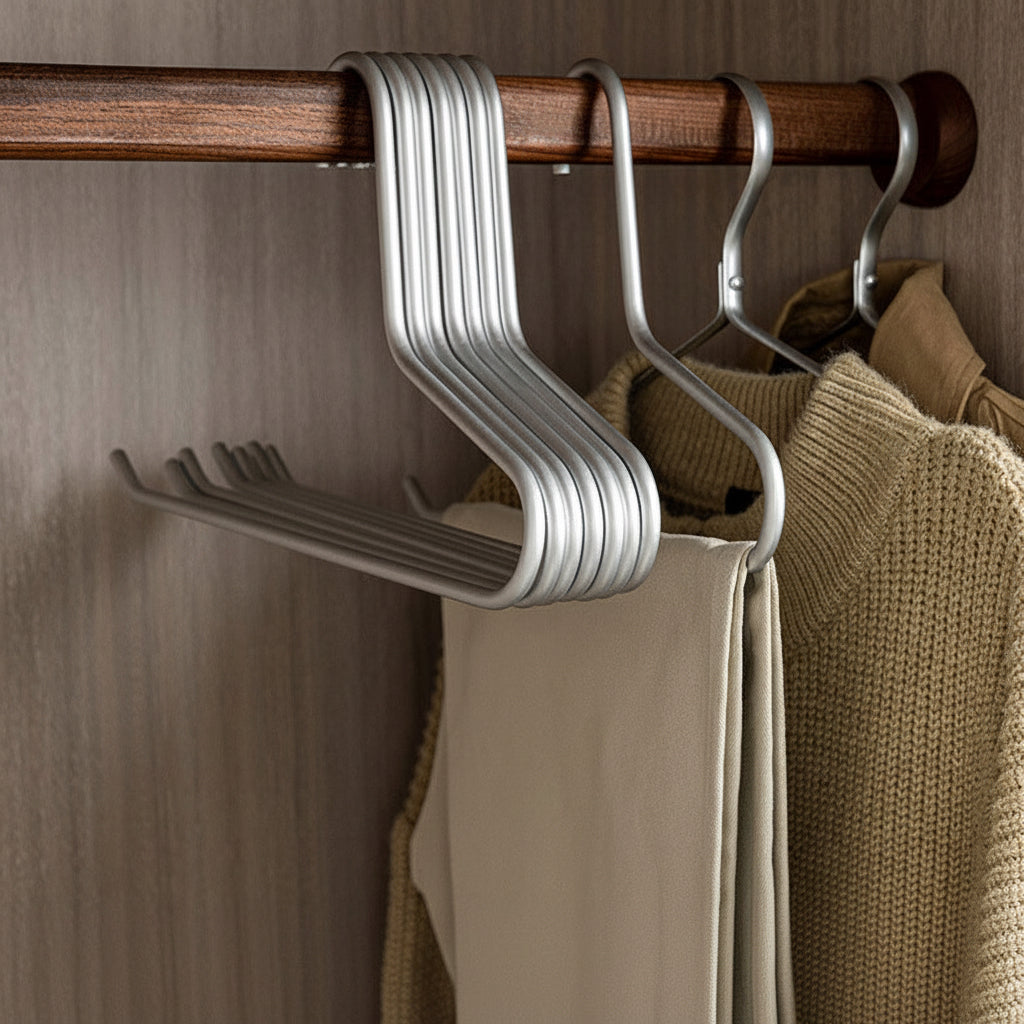 Space silver aluminum pants rack designed for compact trouser storage in a closet