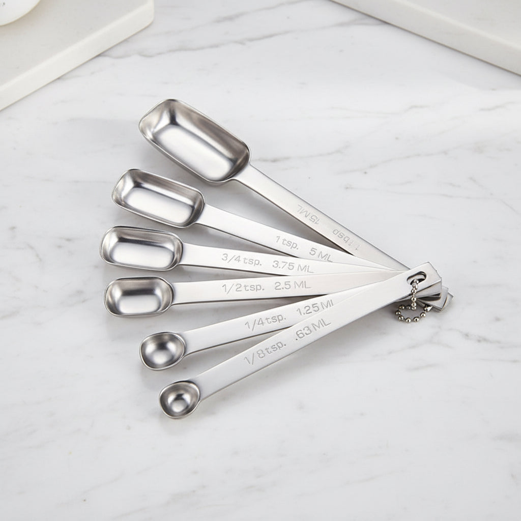 Six-piece stainless steel measuring spoon set arranged on a white marble surface