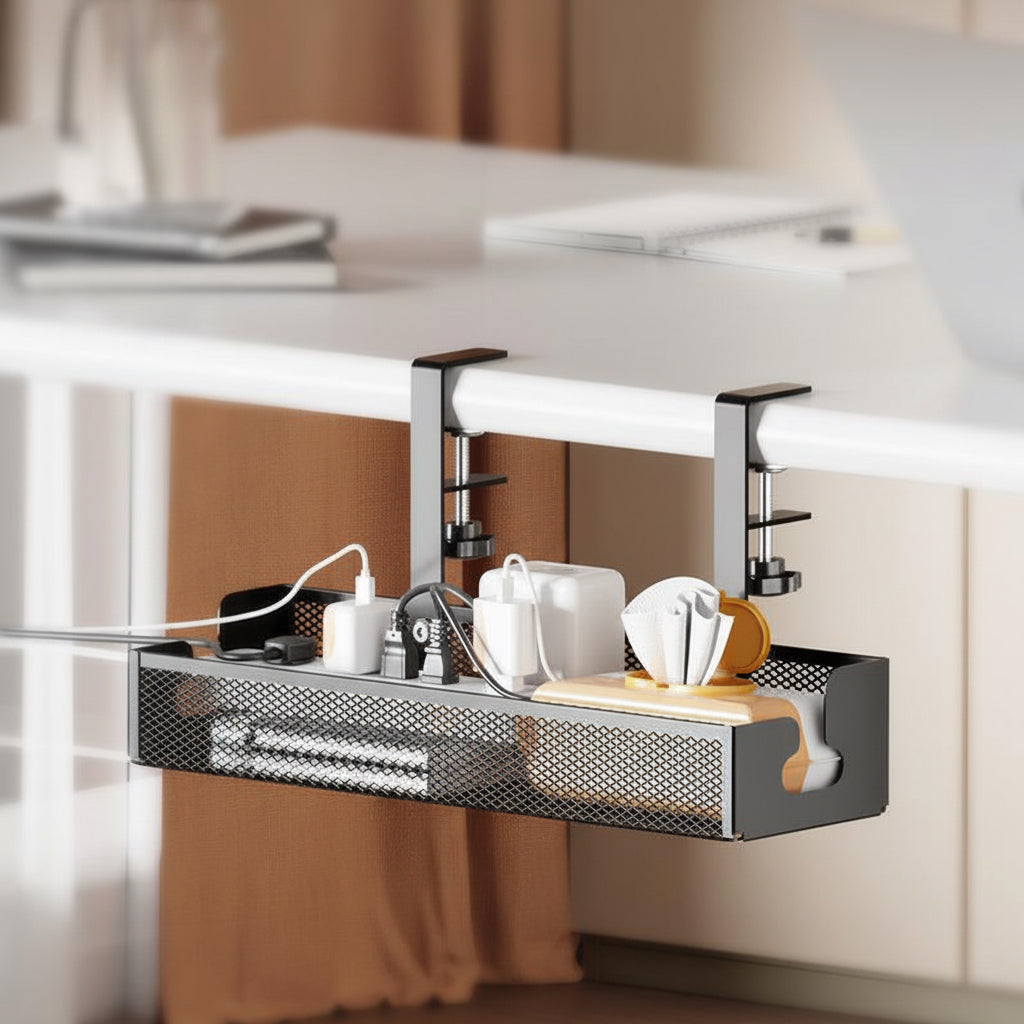 Black ventilated under-desk mesh organizer holding chargers and cables with an open design for airflow