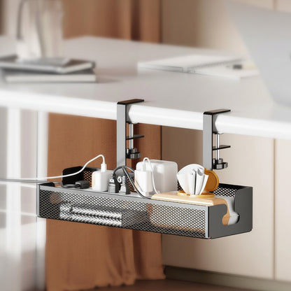 Black ventilated under-desk mesh organizer holding chargers and cables with an open design for airflow