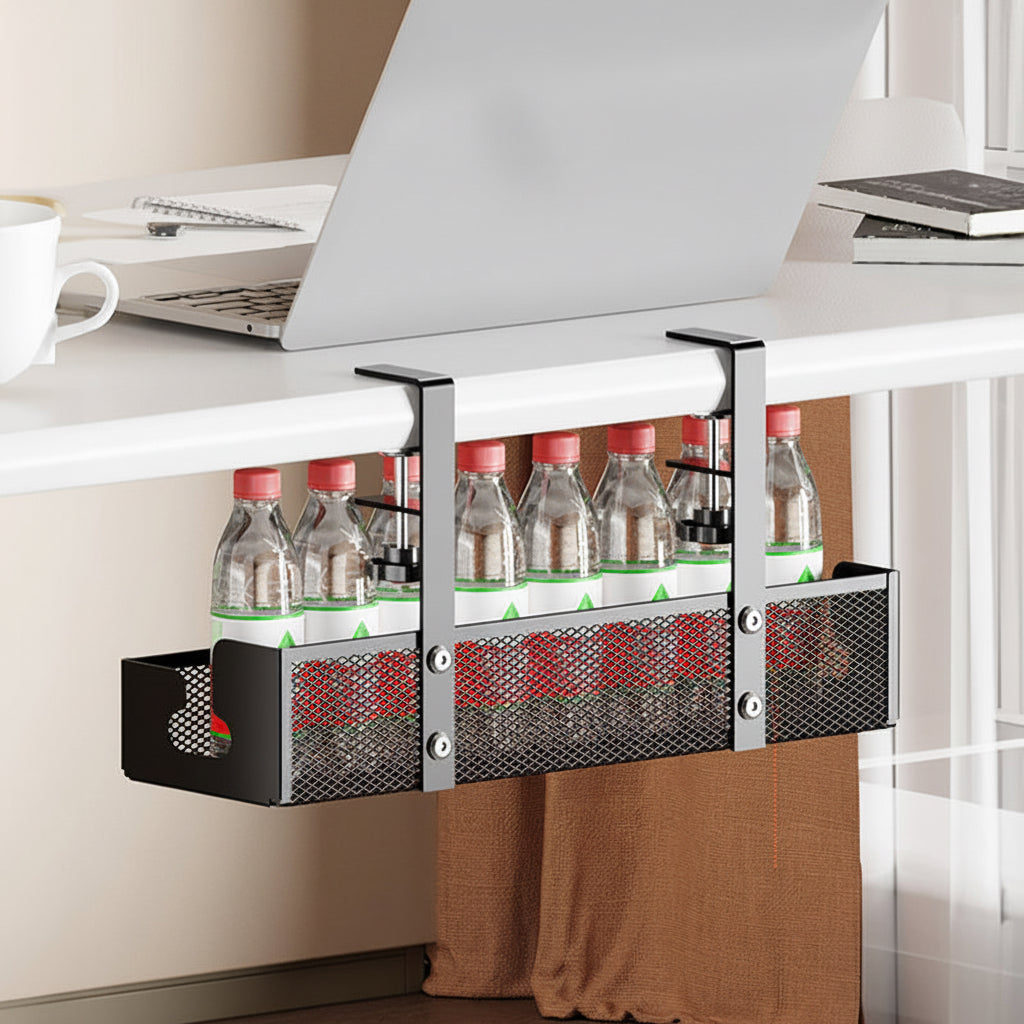 Black under-desk mesh organizer mounted with clamps and holding multiple water bottles
