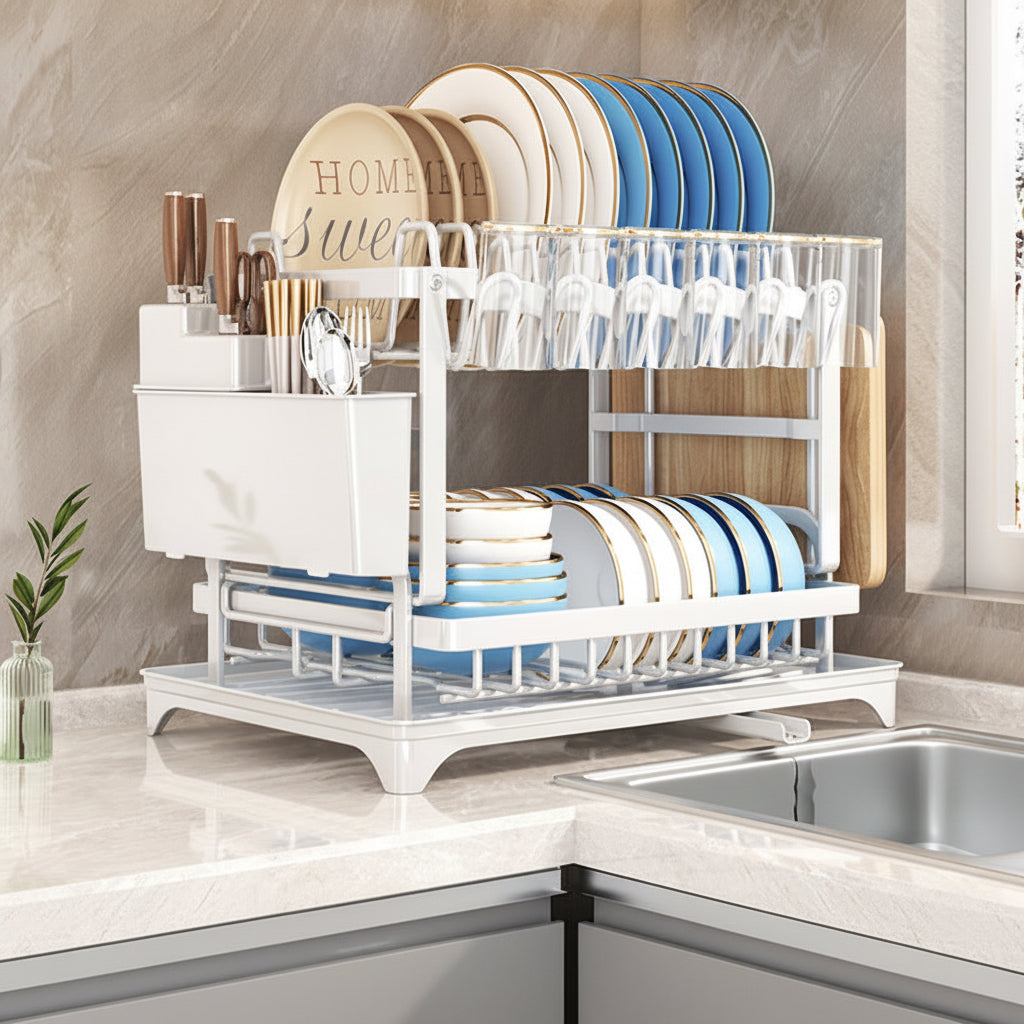 White two-tier dish drying rack with plate slots, bowl rack, utensil holder, cutting board holder, and drainboard