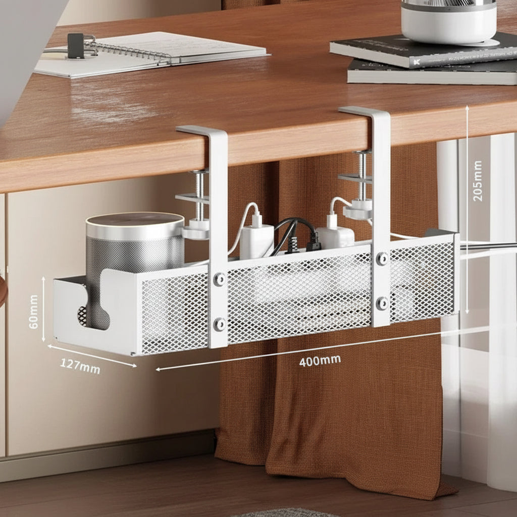White clamp-on under-desk storage organizer holding electronics, cables, and accessories beneath a wooden desk