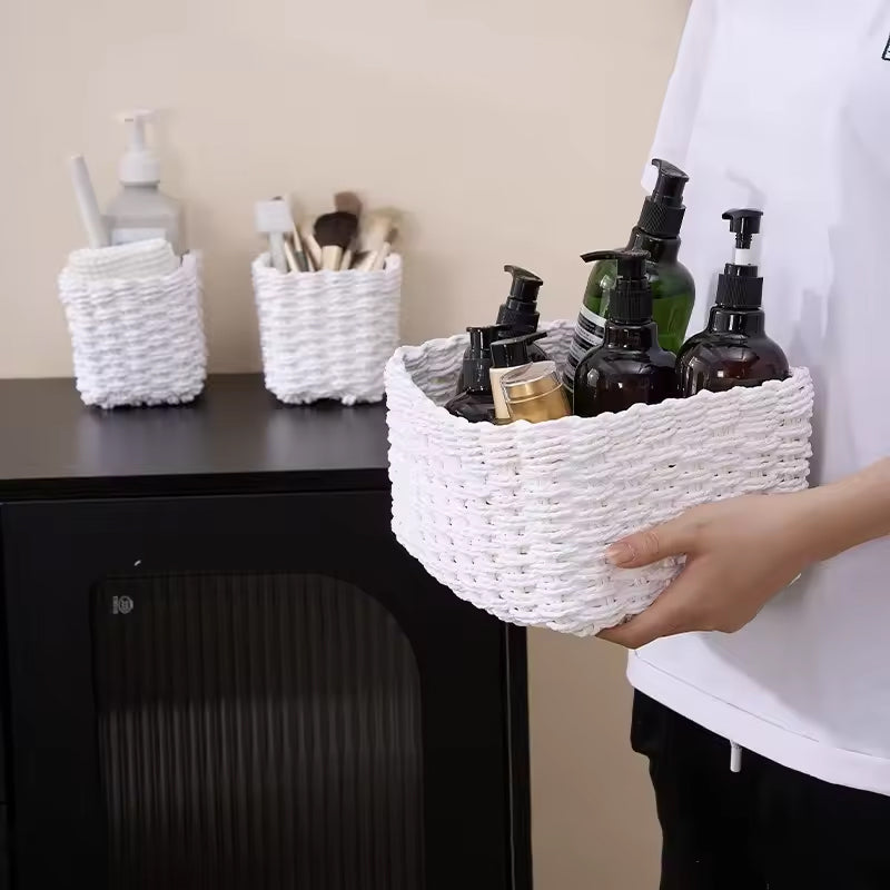 White woven storage baskets organizing toiletries, bottles, and bathroom accessories