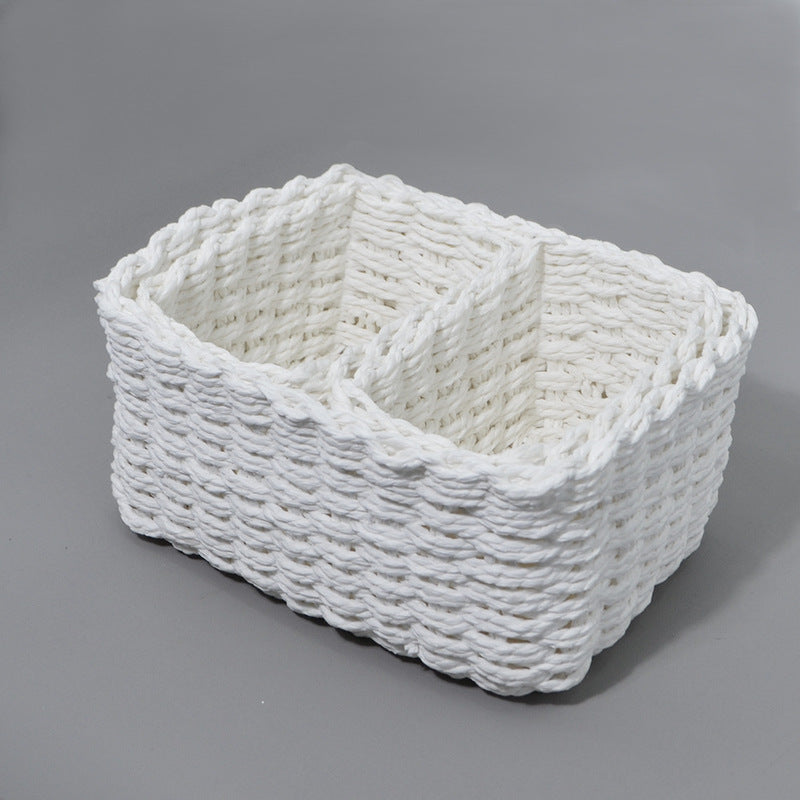 White rectangular woven storage basket with two divided compartments