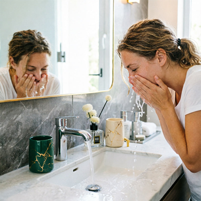 Woman washing her face beside a green marble-pattern ceramic bathroom tumbler on the sink