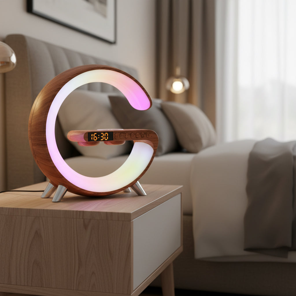 Wood grain circular LED bedside lamp with colorful ambient light, digital clock, and wireless charging platform