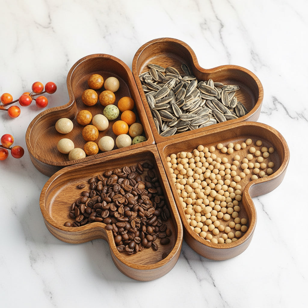 Heart-shaped wooden serving tray with divided compartments filled with nuts and snacks