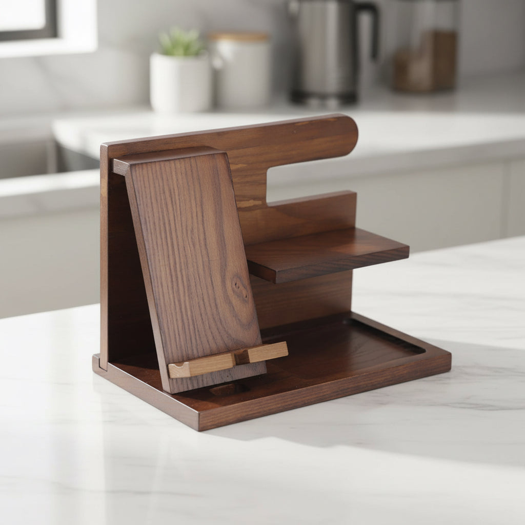 Wooden men's valet stand with phone docking area and tiered shelves for everyday accessories