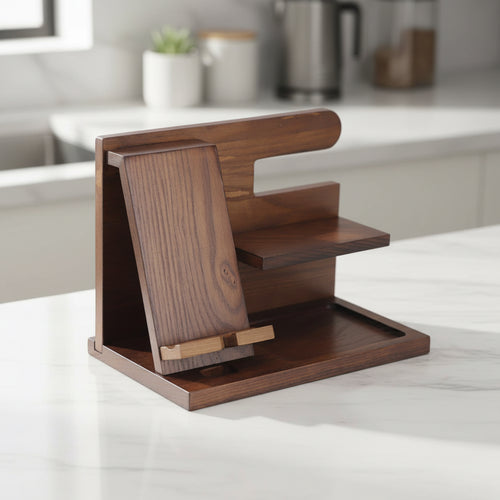 Wooden men's valet stand with phone docking area and tiered shelves for everyday accessories