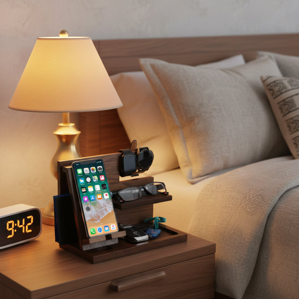 Wooden phone docking station organizing a smartphone, watches, glasses, wallet, keys, and accessories