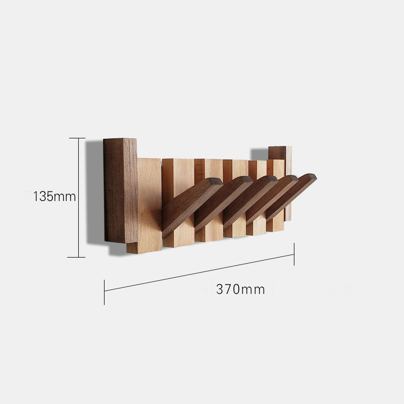 Wooden wall mounted folding coat rack with multiple hooks shown in 370 by 135 millimeter dimensions