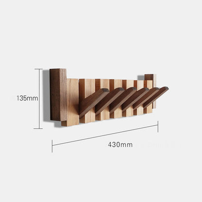 Wooden wall mounted coat rack with folding hooks shown in 430 millimeter size