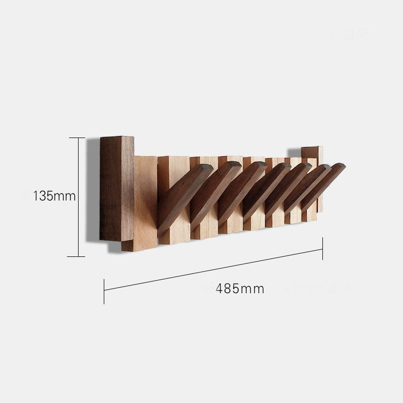 Wooden wall mounted folding coat rack shown in 485 millimeter size on a white background