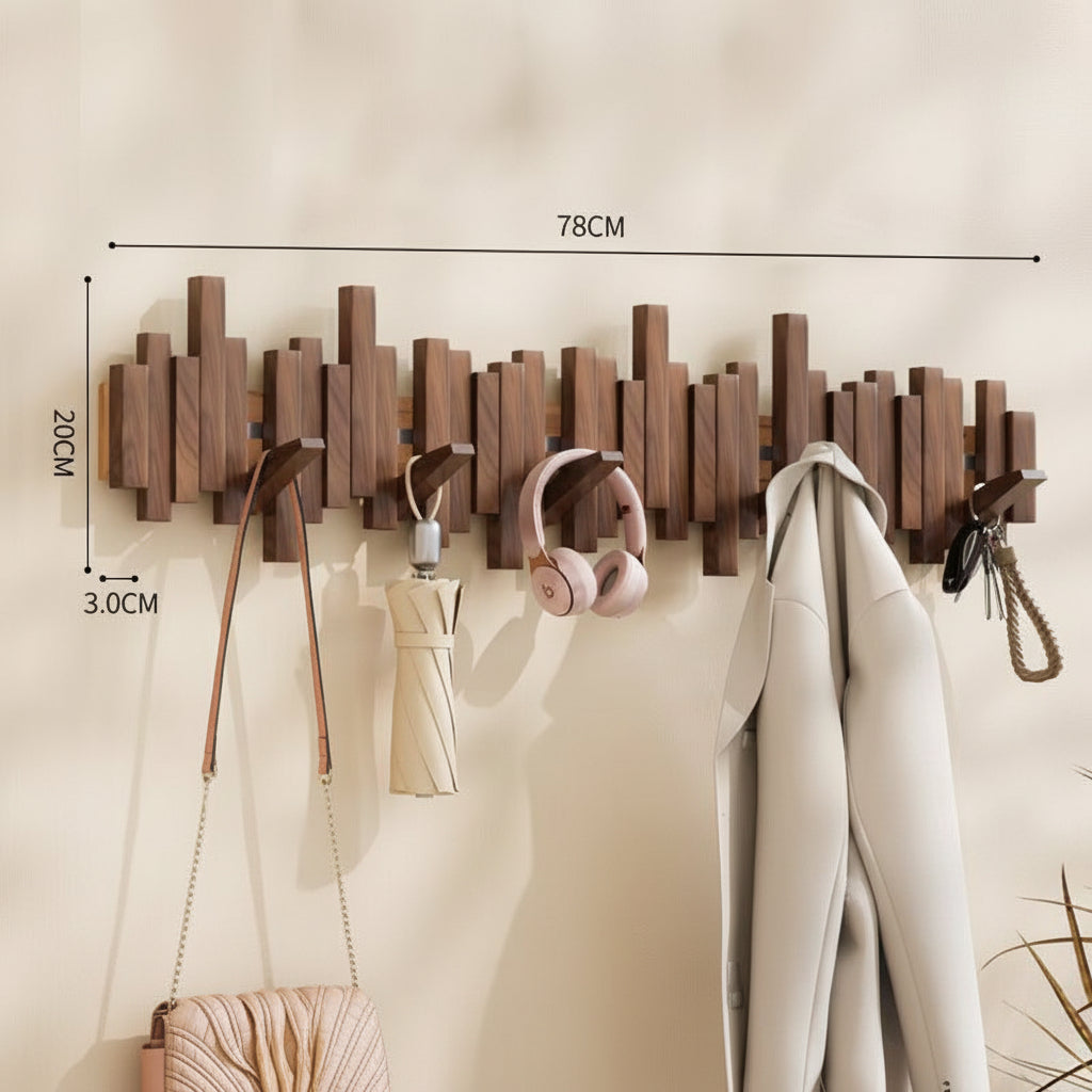 Decorative wooden wall mounted coat rack shown in living room, bedroom, entryway, and behind-door storage setups