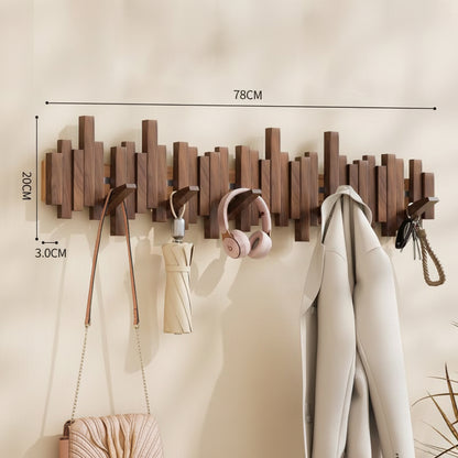 Decorative wooden wall mounted coat rack shown in living room, bedroom, entryway, and behind-door storage setups